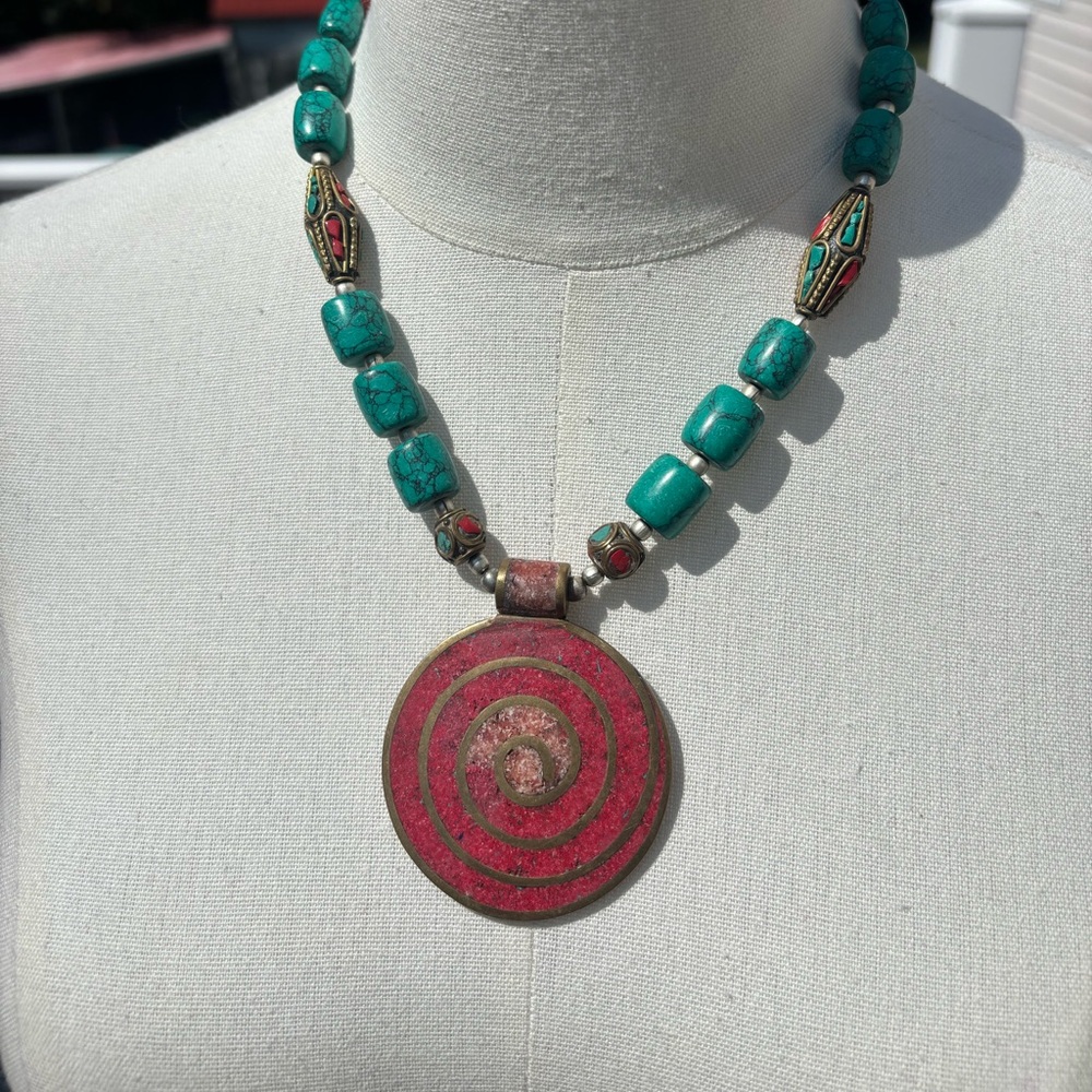 Turquoise and Red Pendant Necklace
